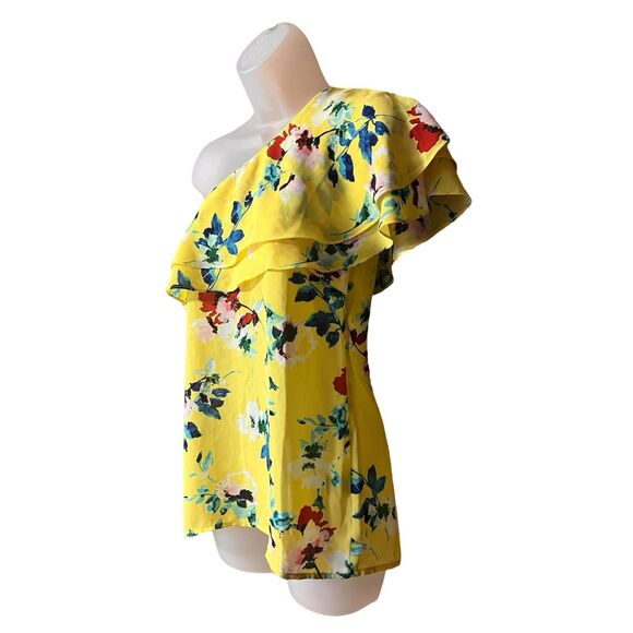 Rose & Olive Yellow Floral Ruffled Shoulder Blouse Sz Small Dopamine Colorful - Picture 4 of 8